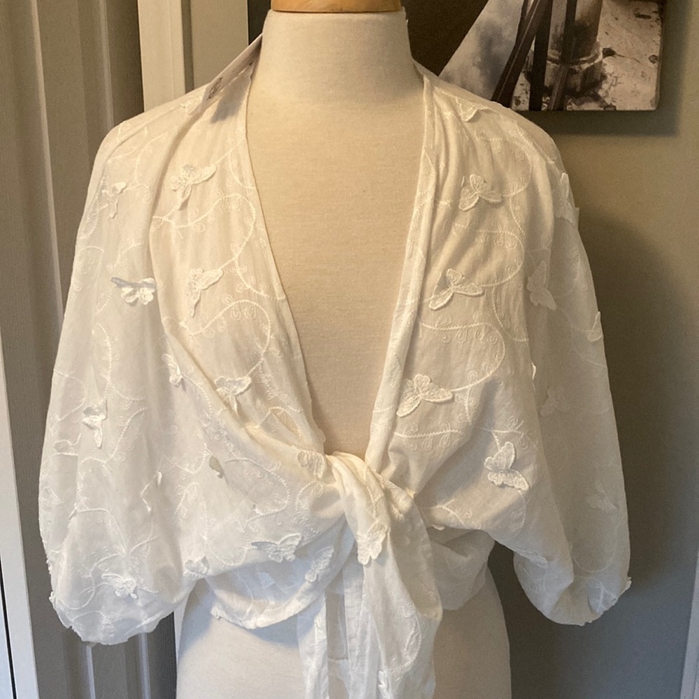 White Embroidered Tie-Front Kimono Shrug